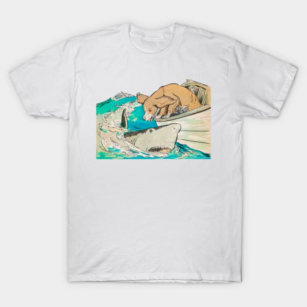 dog from a boat barks at shark vintage retro T-Shirt by REVISTANGO